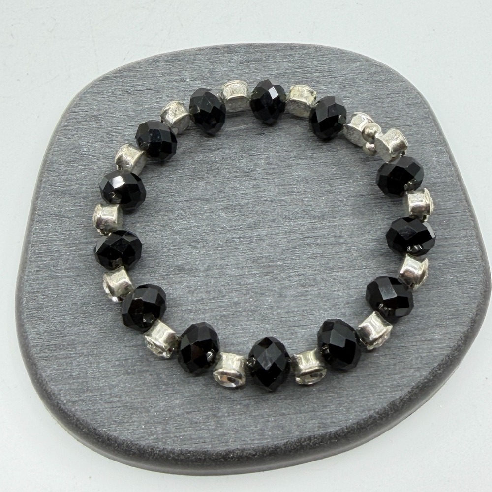 Black Faceted Bead Rhinestone Stretch Bracelet Silver Tone Gothic Statement